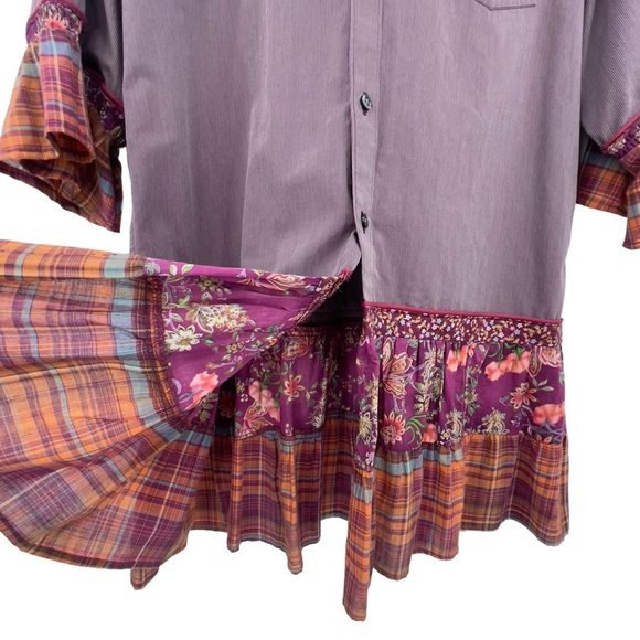 Custom Up-Cycled Tunic 3/4 Sleeves Button Up Ruffle Hem Mixed Print Purple | M/L - Picture 8 of 11
